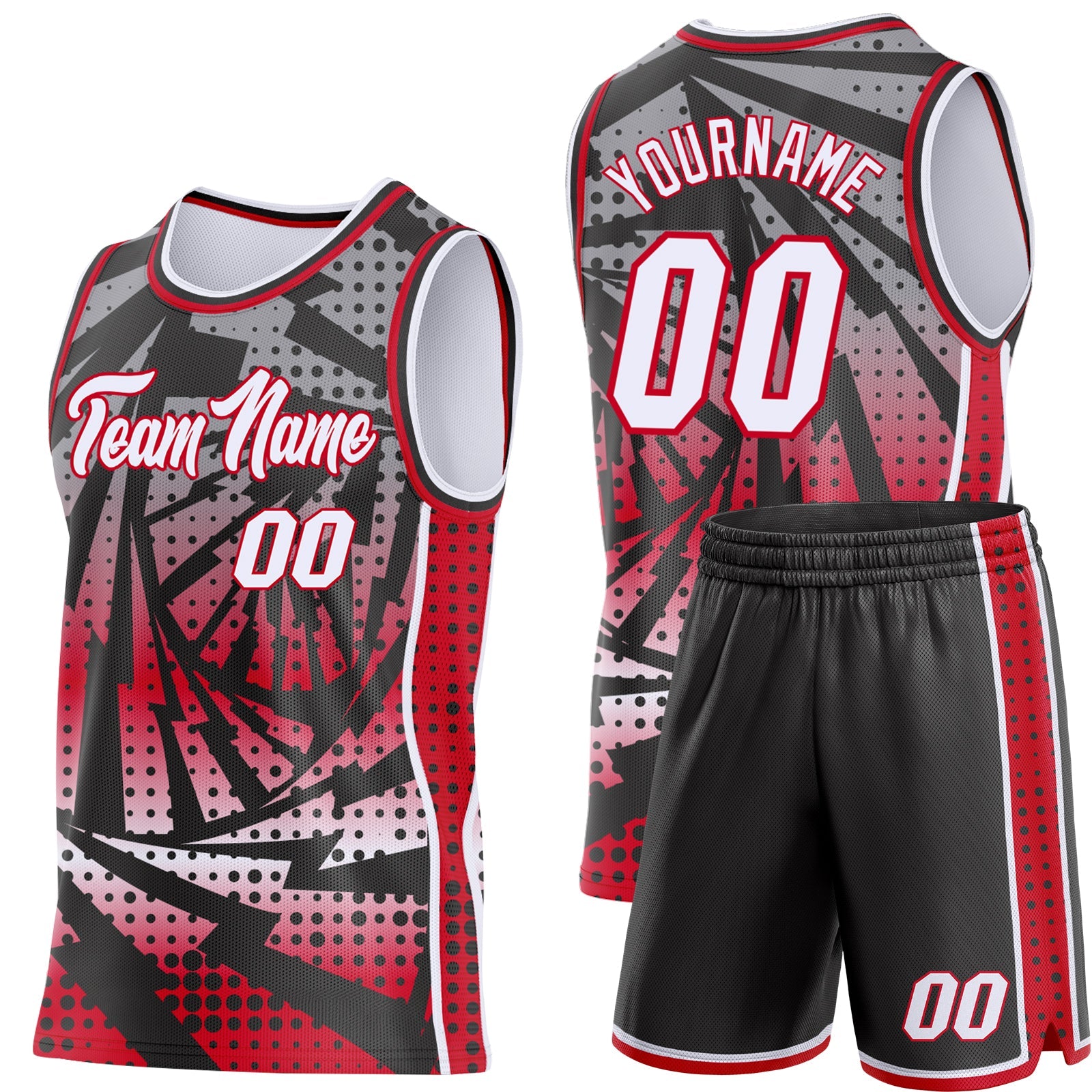 Custom Black White-Red Lightning Gradient Dot Side Panel Stripe Round Neck Sublimation Basketball Set Jersey view 2