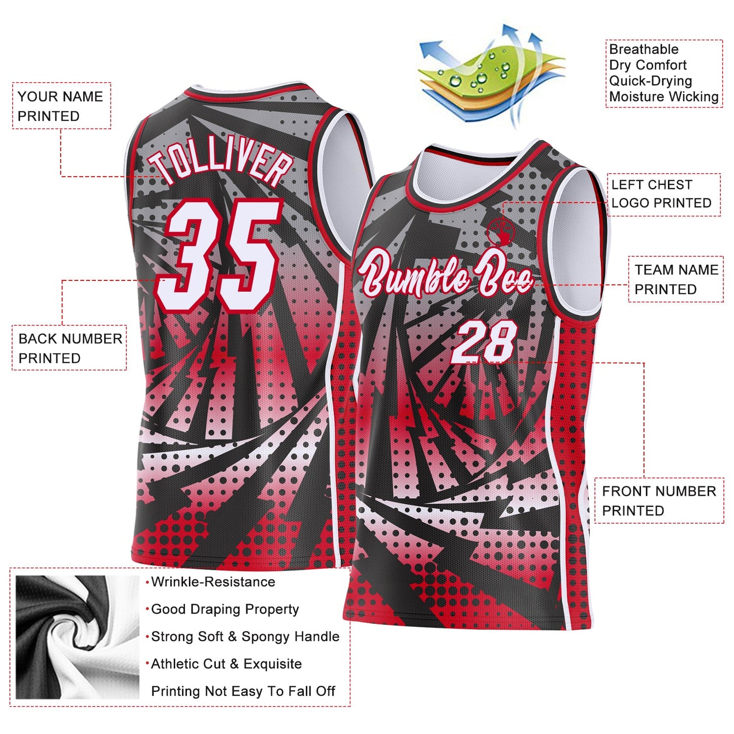 Custom Black White-Red Lightning Gradient Dot Side Panel Stripe Round Neck Sublimation Basketball Set Jersey view 3
