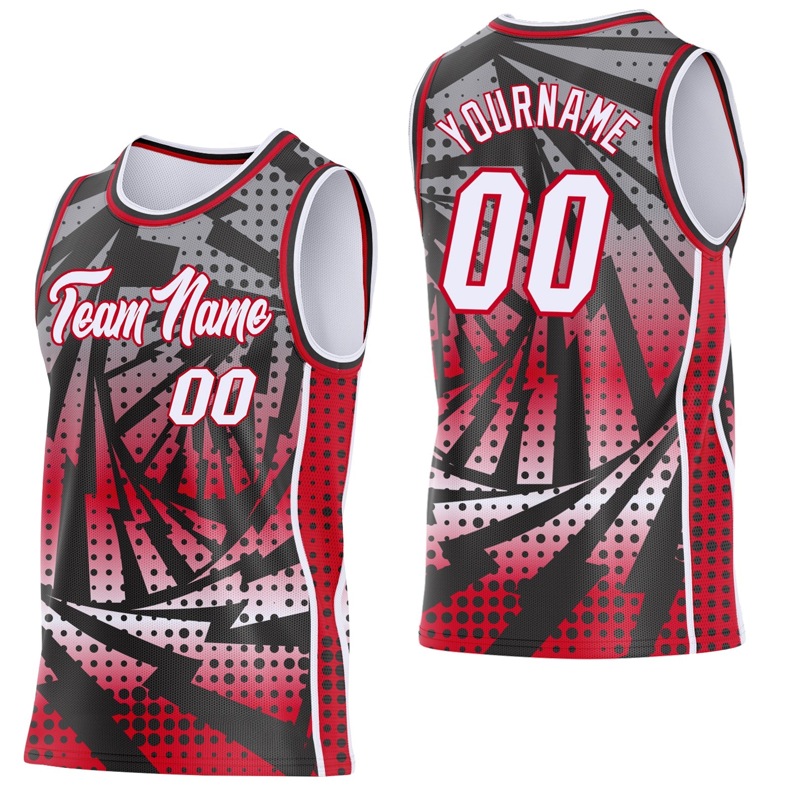 Custom Black White-Red Lightning Gradient Dot Side Panel Stripe Round Neck Sublimation Basketball Set Jersey - Main View