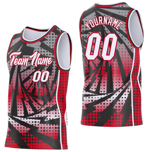 Custom Black White-Red Lightning Gradient Dot Side Panel Stripe Round Neck Sublimation Basketball Set Jersey - Main View