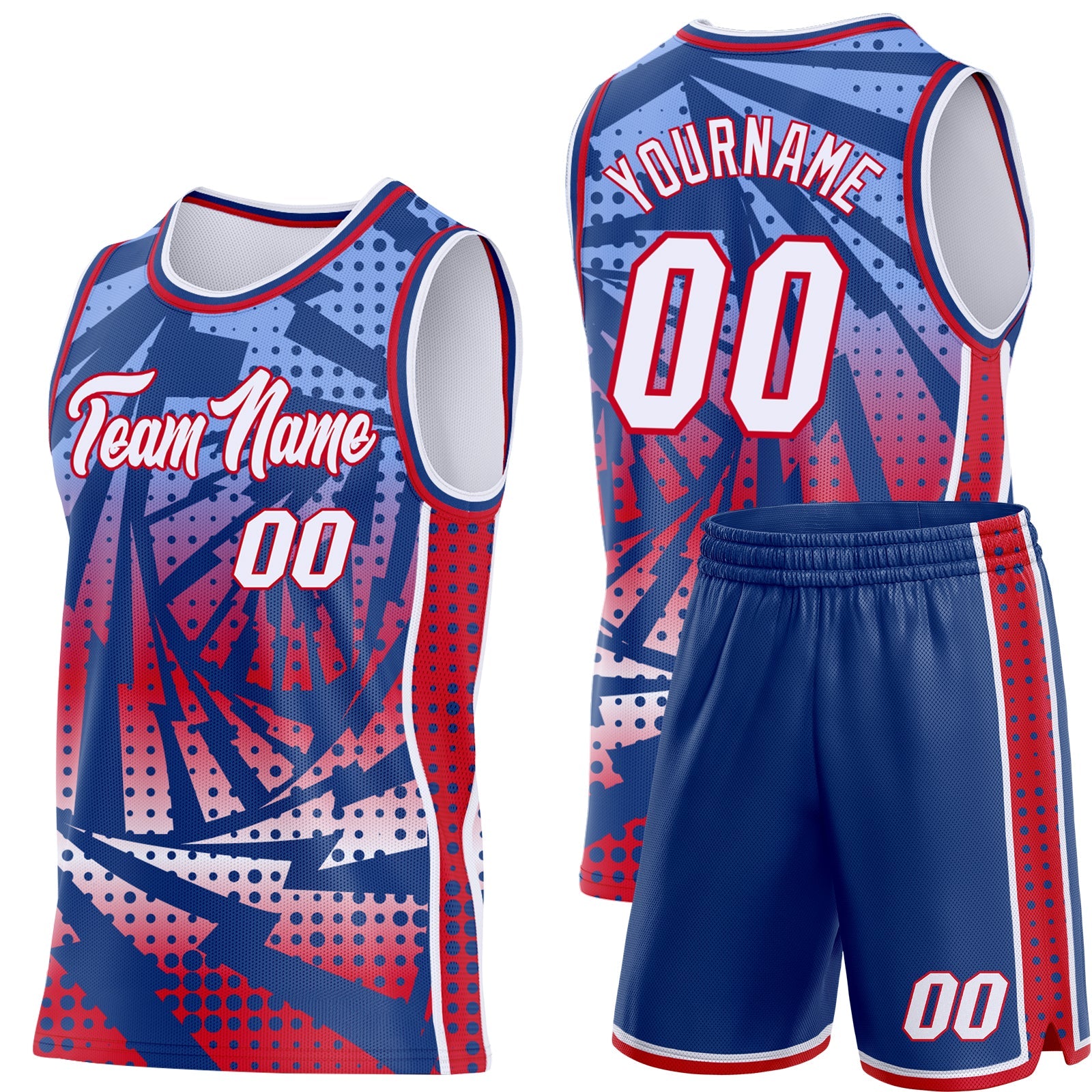 Custom Royal White-Red Lightning Gradient Dot Side Panel Stripe Round Neck Sublimation Basketball Set Jersey view 2