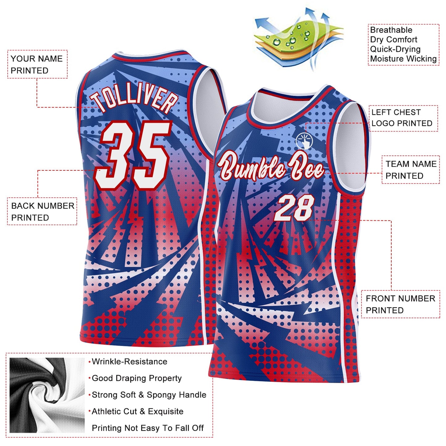 Custom Royal White-Red Lightning Gradient Dot Side Panel Stripe Round Neck Sublimation Basketball Set Jersey view 3