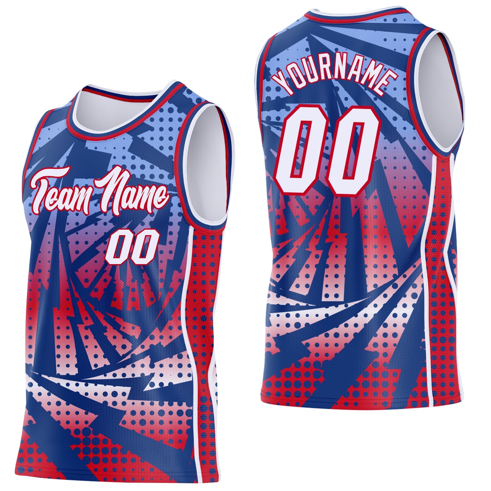 Custom Royal White-Red Lightning Gradient Dot Side Panel Stripe Round Neck Sublimation Basketball Set Jersey - Main View