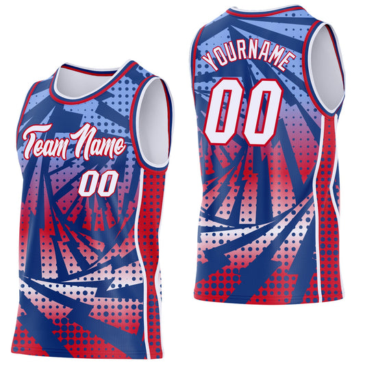 Custom Royal White-Red Lightning Gradient Dot Side Panel Stripe Round Neck Sublimation Basketball Set Jersey - Main View