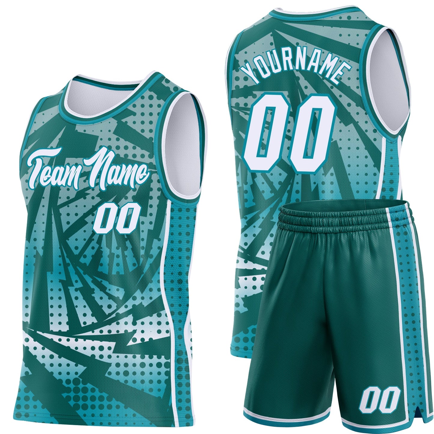 Custom Teal White-Midnight Green Lightning Gradient Dot Side Panel Stripe Round Neck Sublimation Basketball Set Jersey view 2