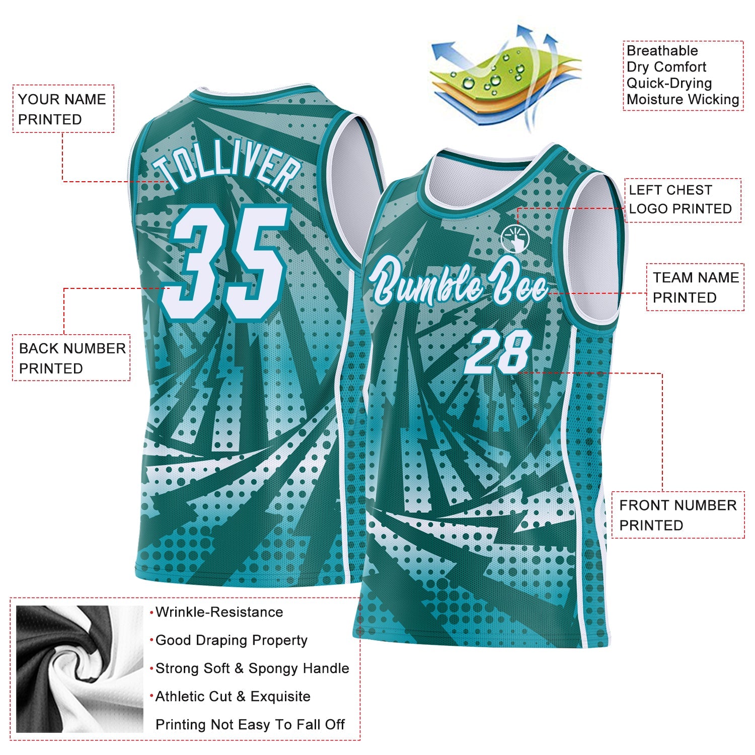 Custom Teal White-Midnight Green Lightning Gradient Dot Side Panel Stripe Round Neck Sublimation Basketball Set Jersey view 3