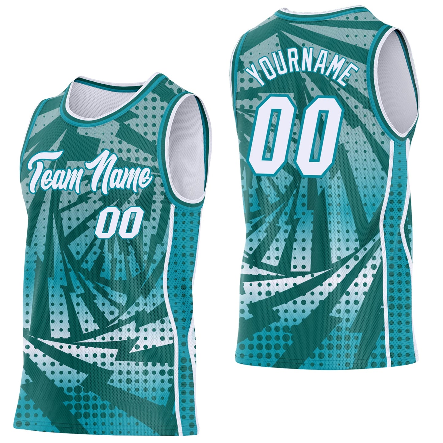 Custom Teal White-Midnight Green Lightning Gradient Dot Side Panel Stripe Round Neck Sublimation Basketball Set Jersey - Main View