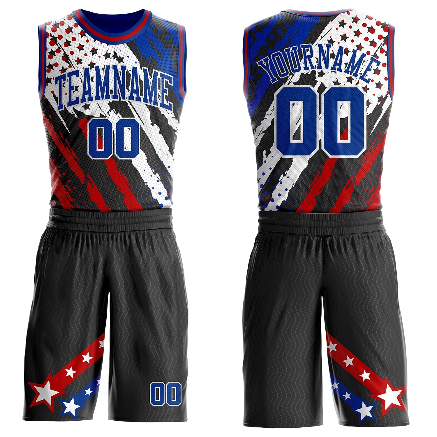 Custom Black Royal White-Red American Flag Patriotic Round Neck Sublimation Basketball Uniform Jersey - Main View