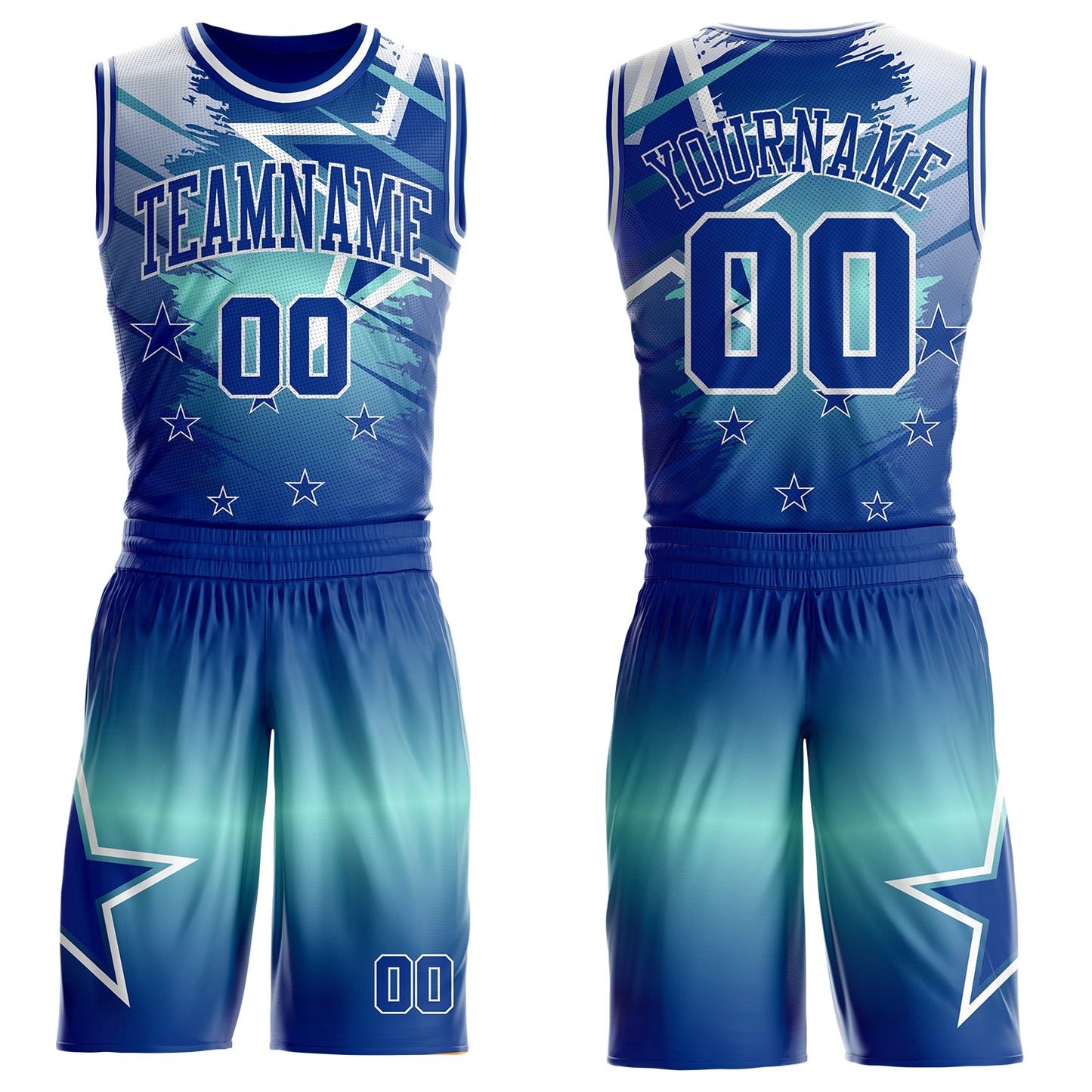Custom Blue Royal-White Star Grunge Brush Stroke Gradient Round Neck Sublimation Basketball Uniform Jersey - Main View
