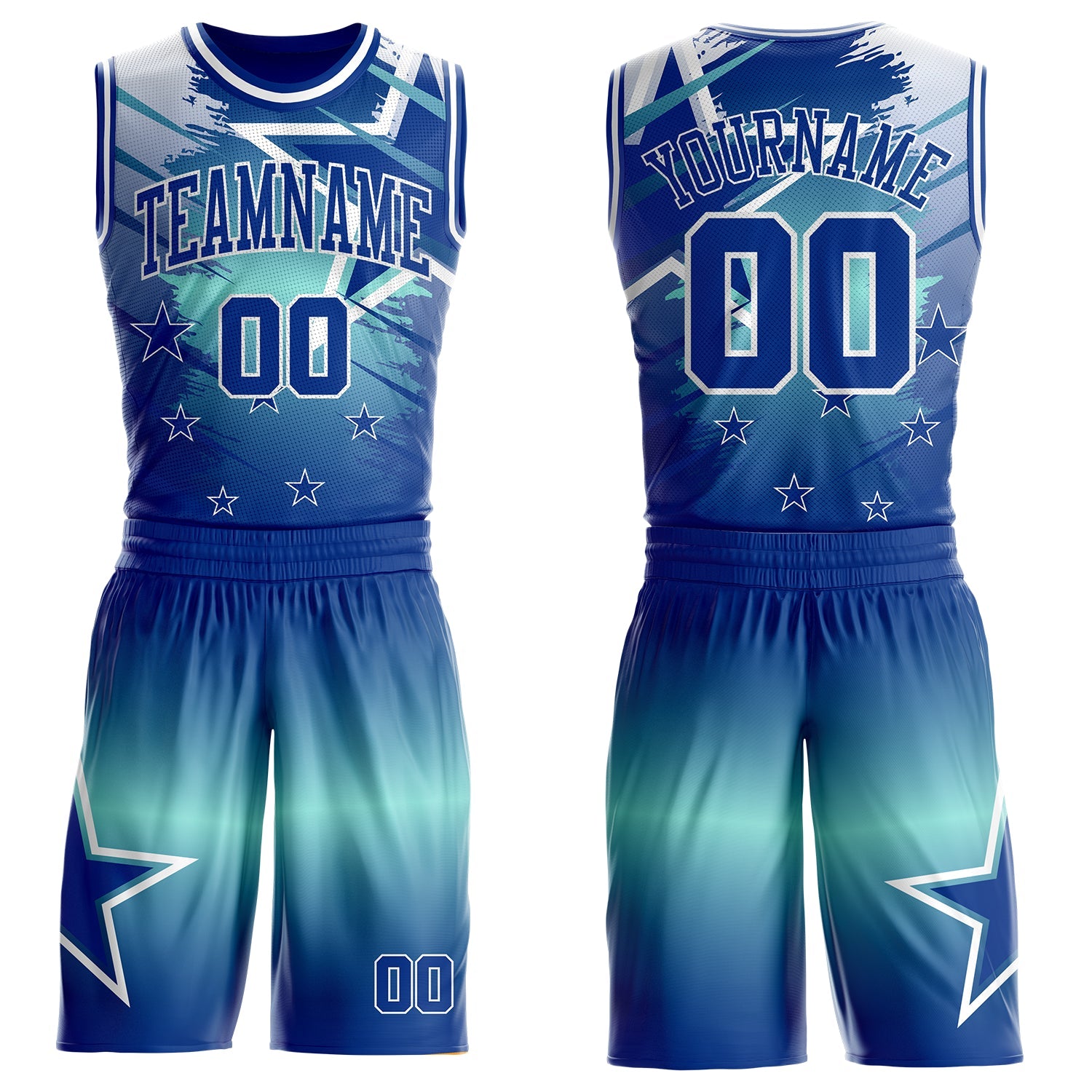 Custom Blue Royal-White Star Grunge Brush Stroke Gradient Round Neck Sublimation Basketball Uniform Jersey - Main View