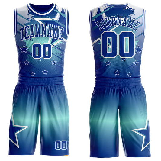 Custom Blue Royal-White Star Grunge Brush Stroke Gradient Round Neck Sublimation Basketball Uniform Jersey - Main View