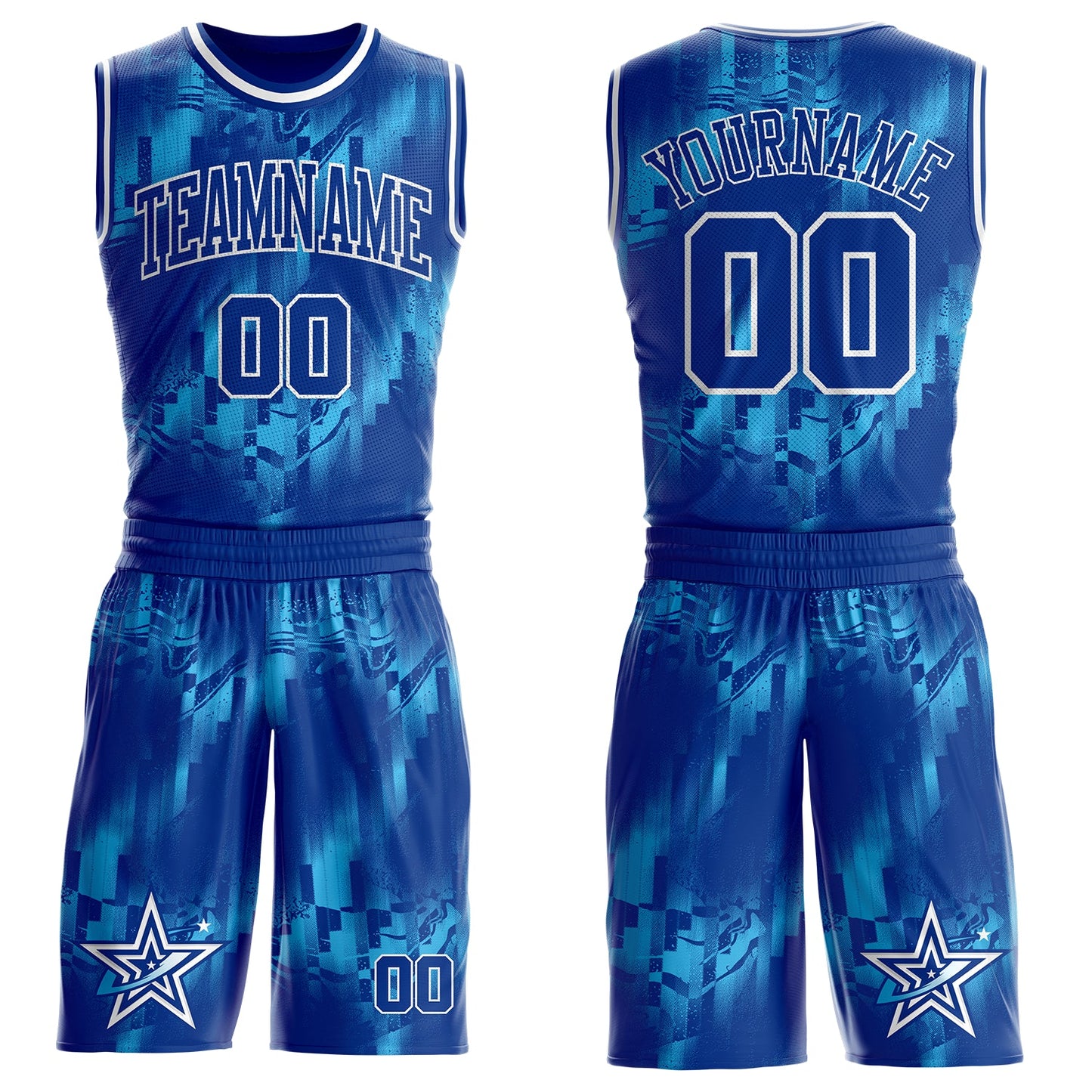 Custom Blue Royal-White Star Fluid Round Neck Sublimation Basketball Uniform Jersey - Main View