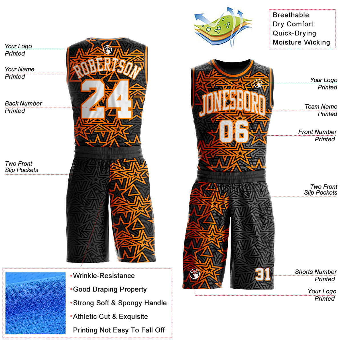 Custom Steel Gray White Bay Orange-Black Geometric Starburst Color Block Round Neck Sublimation Basketball Uniform Jersey view 2