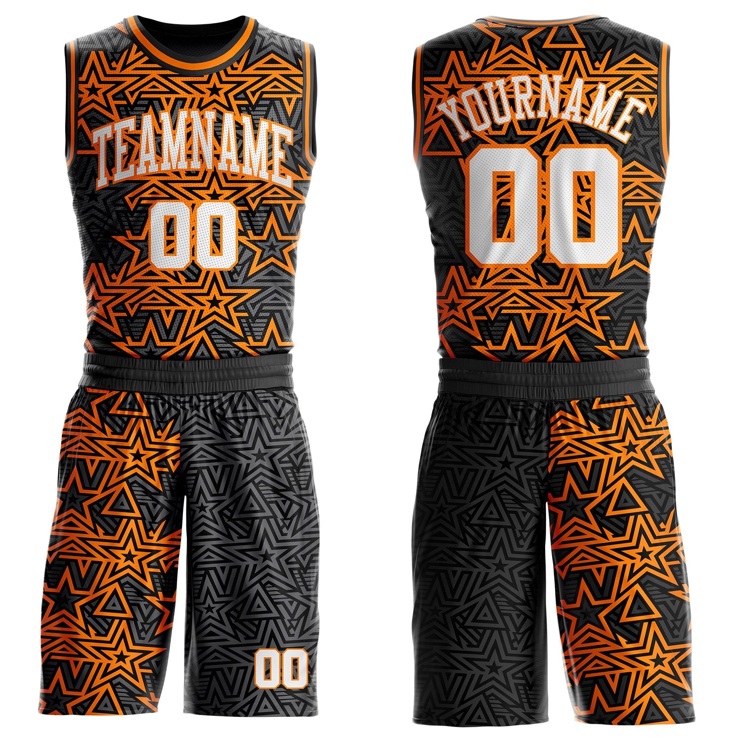 Custom Steel Gray White Bay Orange-Black Geometric Starburst Color Block Round Neck Sublimation Basketball Uniform Jersey - Main View
