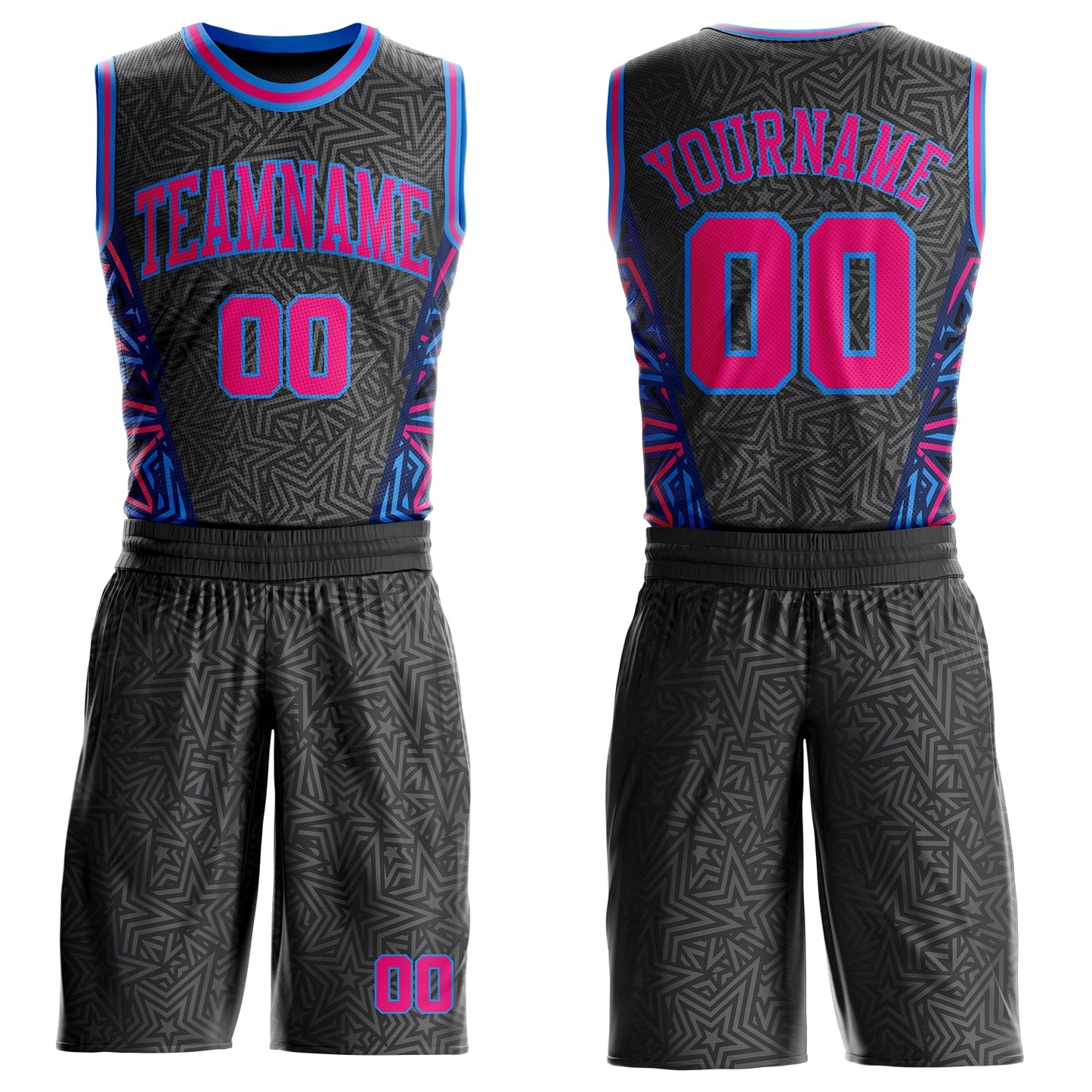 Custom Black Hot Pink-Powder Blue Geometric Starburst Color Block Round Neck Sublimation Basketball Uniform Jersey - Main View