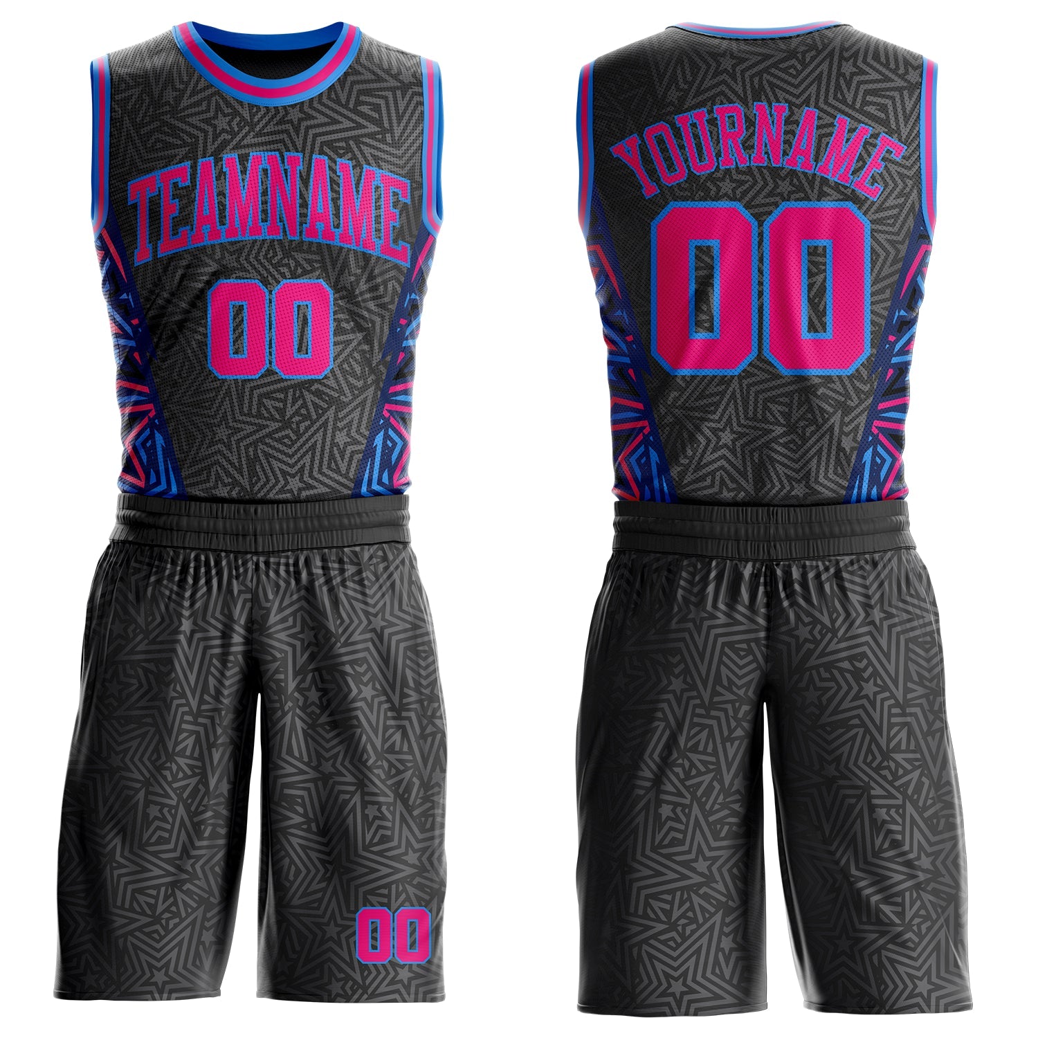 Custom Black Hot Pink-Powder Blue Geometric Starburst Color Block Round Neck Sublimation Basketball Uniform Jersey - Main View