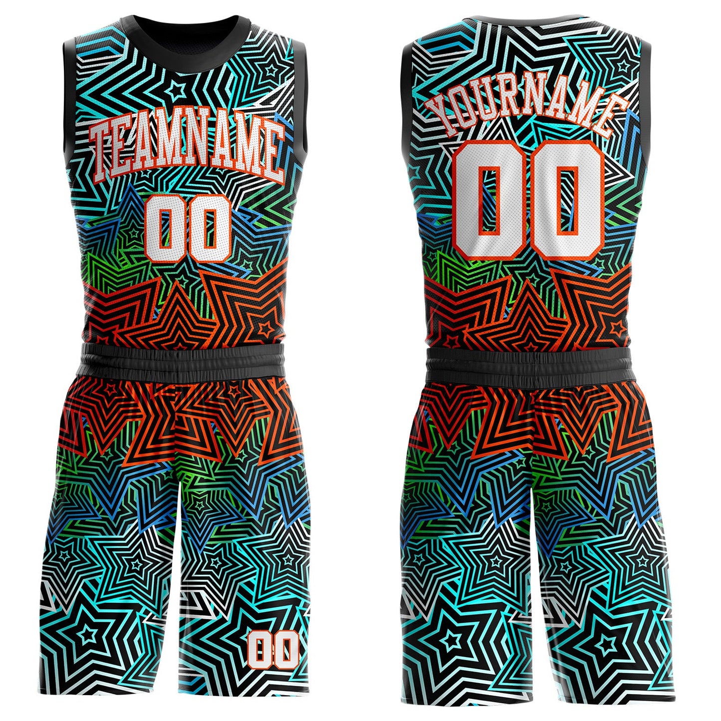Custom Black White Blue Green-Orange Geometric Starburst Gradient Round Neck Sublimation Basketball Uniform Jersey - Main View