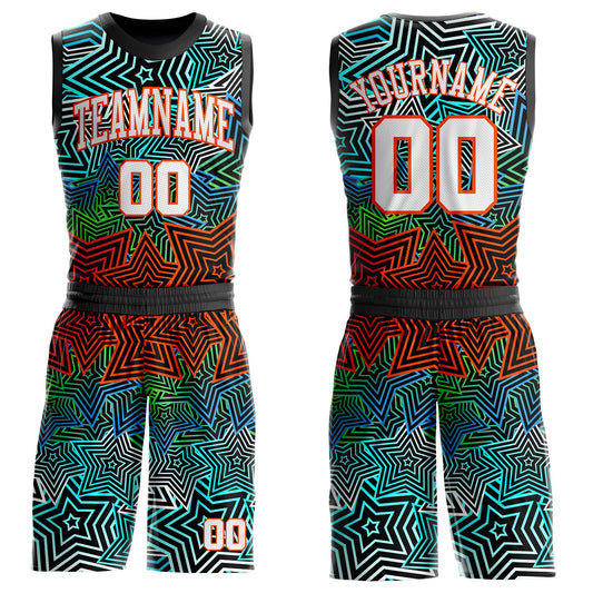 Custom Black White Blue Green-Orange Geometric Starburst Gradient Round Neck Sublimation Basketball Uniform Jersey - Main View