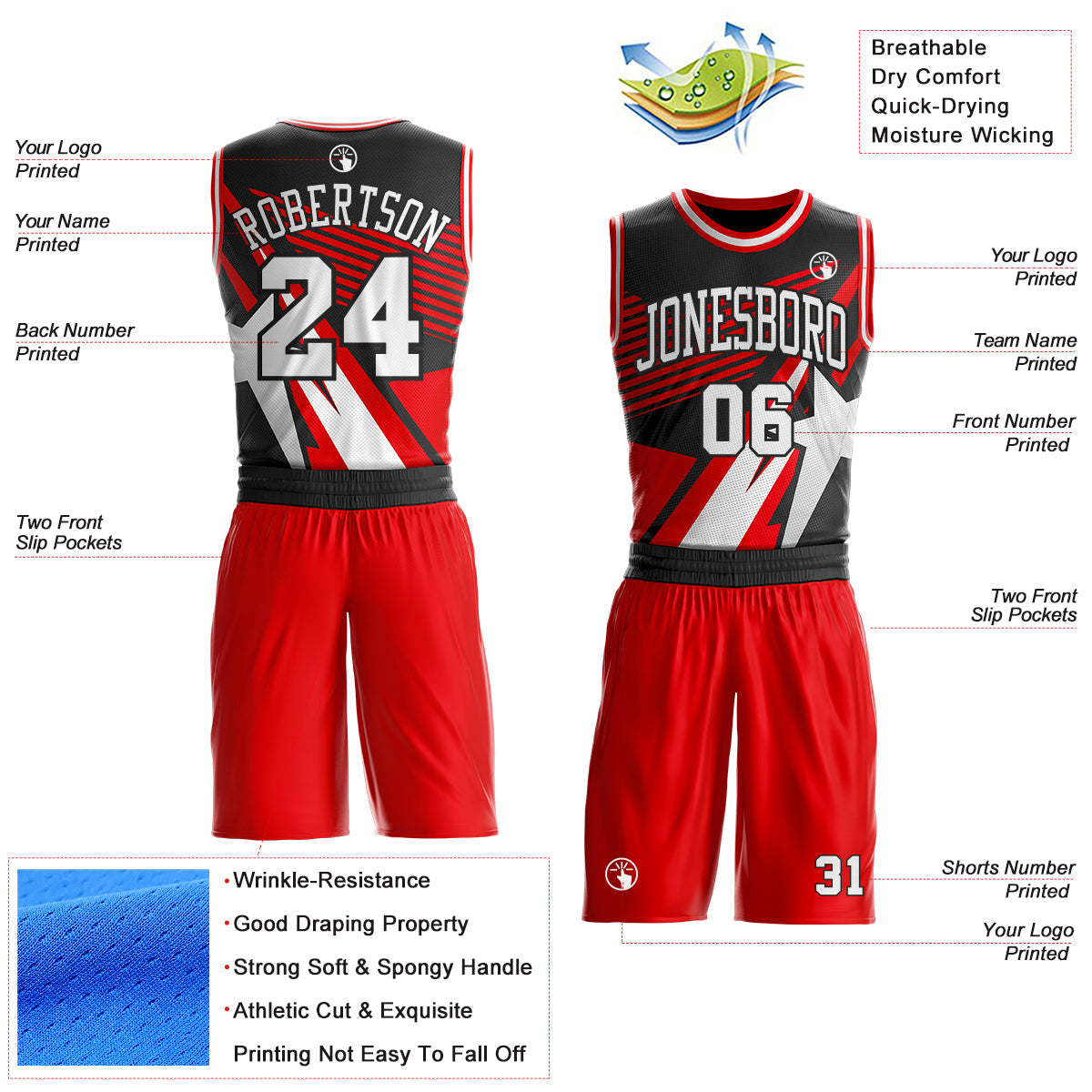 Custom Fire Red White-Black Geometric Star Color Block Round Neck Sublimation Basketball Uniform Jersey view 2