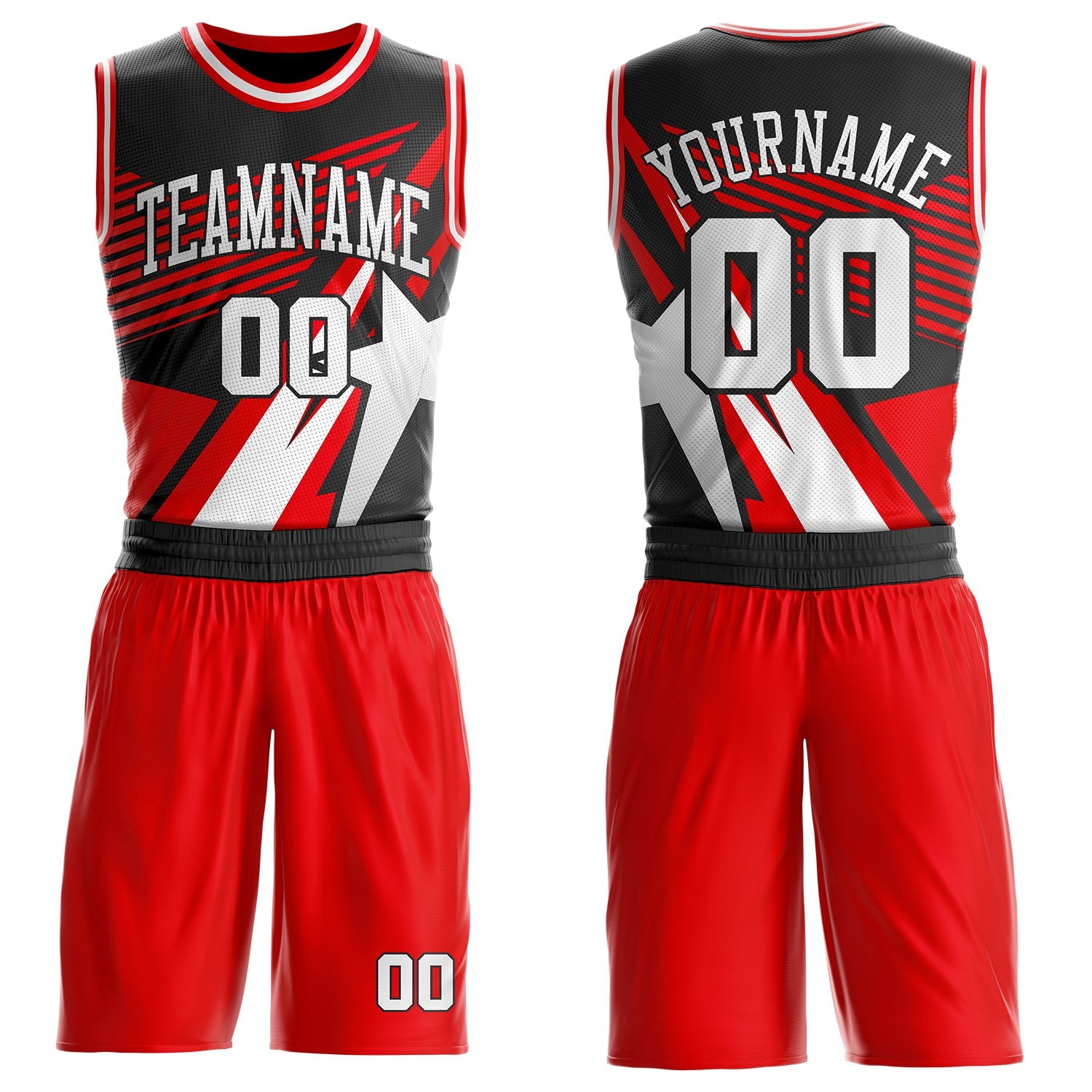 Custom Fire Red White-Black Geometric Star Color Block Round Neck Sublimation Basketball Uniform Jersey - Main View