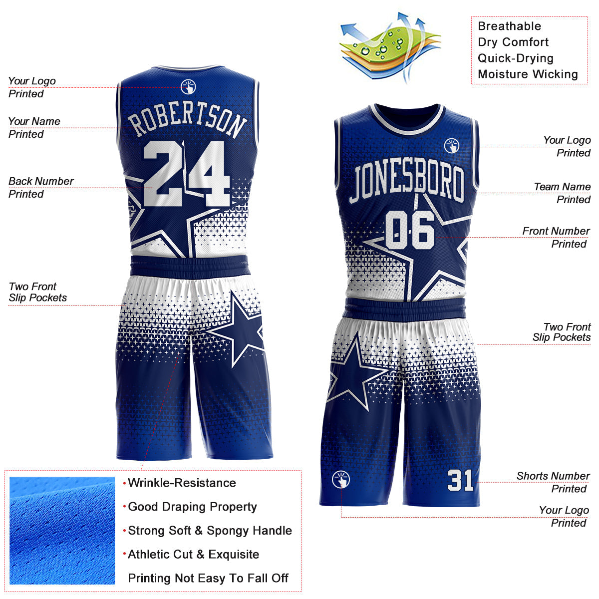 Custom Navy-White Star Dot Gradient Round Neck Sublimation Basketball Uniform Jersey view 2
