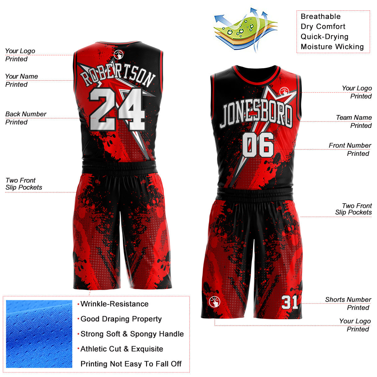 Custom Black White-Red Splatter Star Round Neck Sublimation Basketball Uniform Jersey view 2