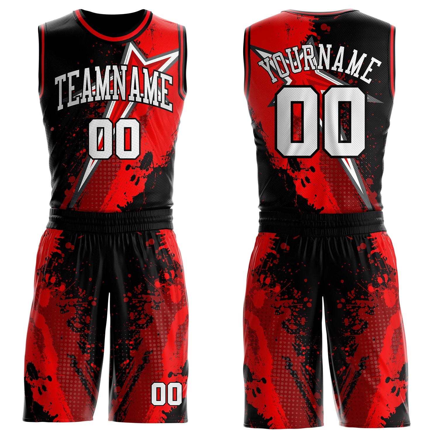 Custom Black White-Red Splatter Star Round Neck Sublimation Basketball Uniform Jersey - Main View