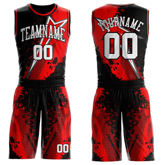 Custom Black White-Red Splatter Star Round Neck Sublimation Basketball Uniform Jersey - Main View