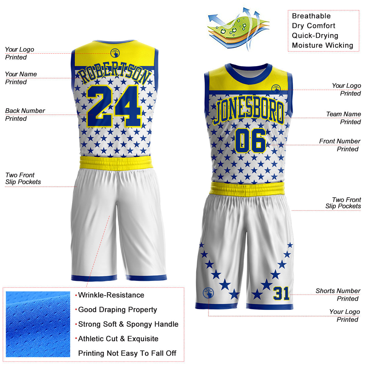 Custom White Royal Yellow-Light Yellow Geometric Star Texture Round Neck Sublimation Basketball Uniform Jersey view 2