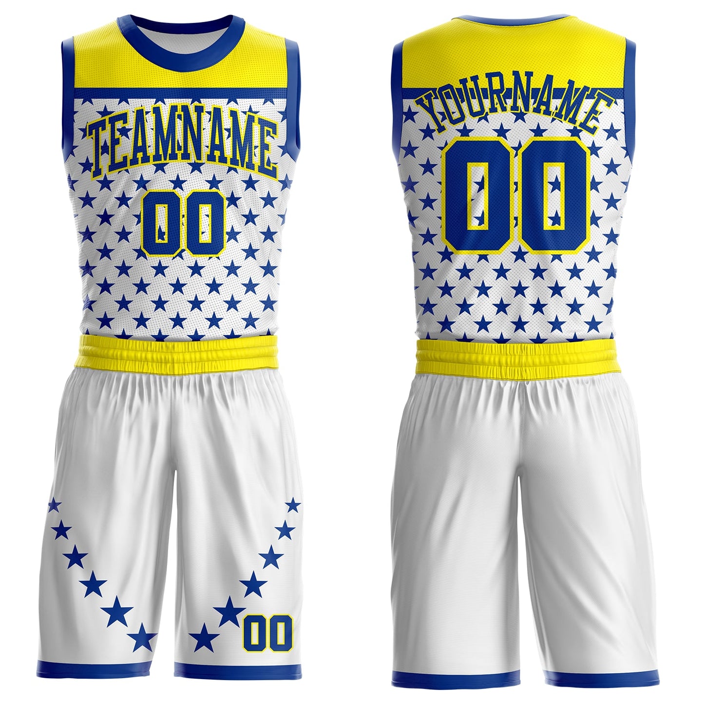 Custom White Royal Yellow-Light Yellow Geometric Star Texture Round Neck Sublimation Basketball Uniform Jersey - Main View