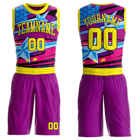 Custom Purple Yellow-Black Neon Star Color Block Round Neck Sublimation Basketball Uniform Jersey - Main View