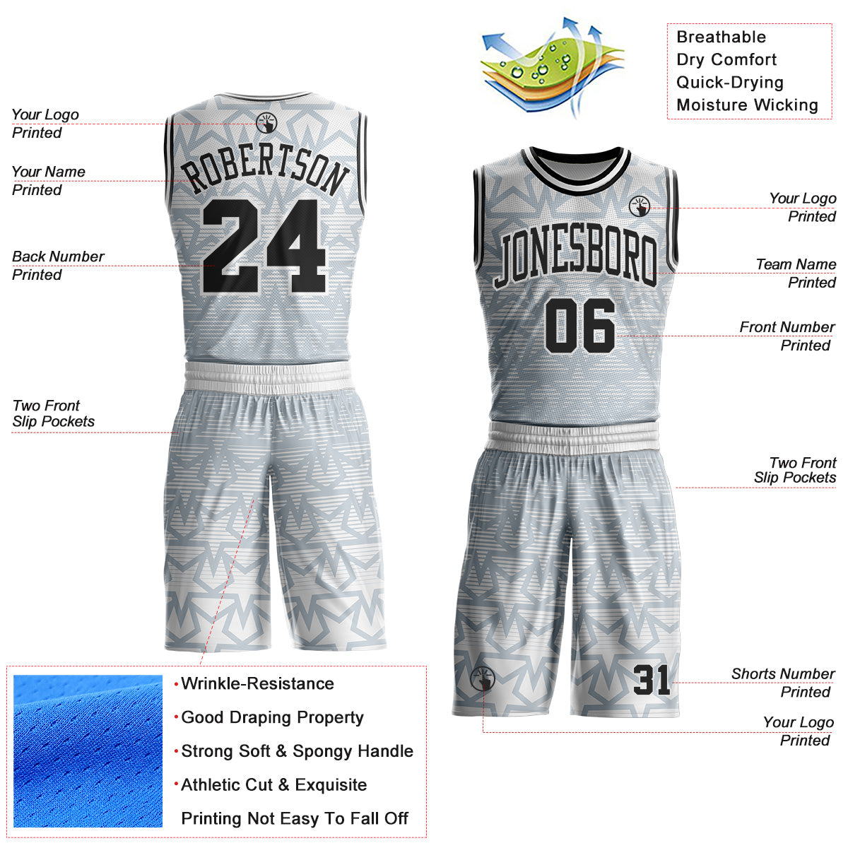 Custom White Black-Silver Geometric Star Gradient Round Neck Sublimation Basketball Uniform Jersey view 2