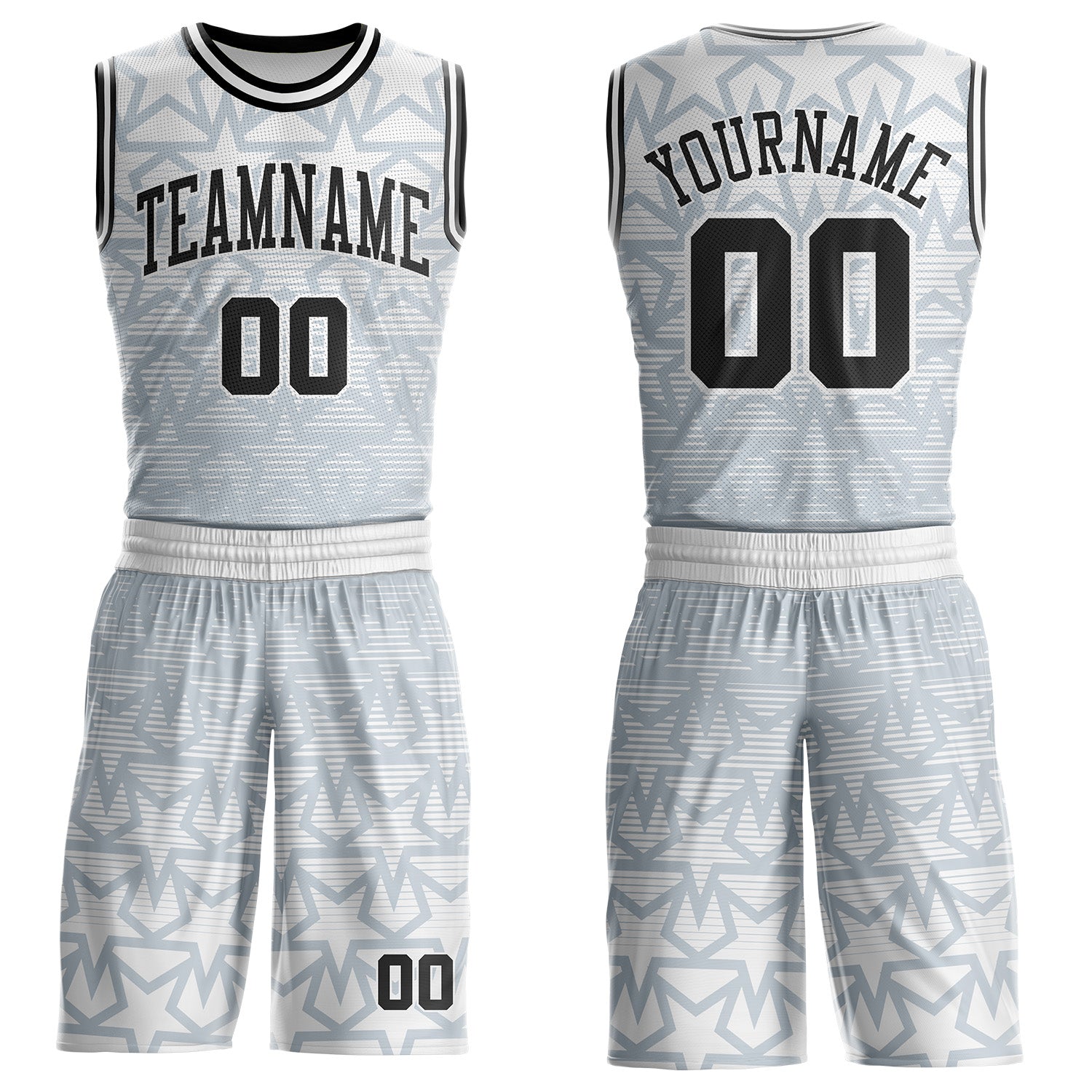 Custom White Black-Silver Geometric Star Gradient Round Neck Sublimation Basketball Uniform Jersey - Main View