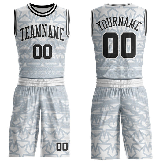Custom White Black-Silver Geometric Star Gradient Round Neck Sublimation Basketball Uniform Jersey - Main View