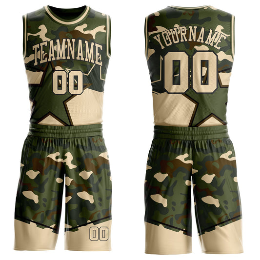 Custom Camo City Cream Black-Olive Star Round Neck Sublimation Basketball Uniform Jersey - Main View