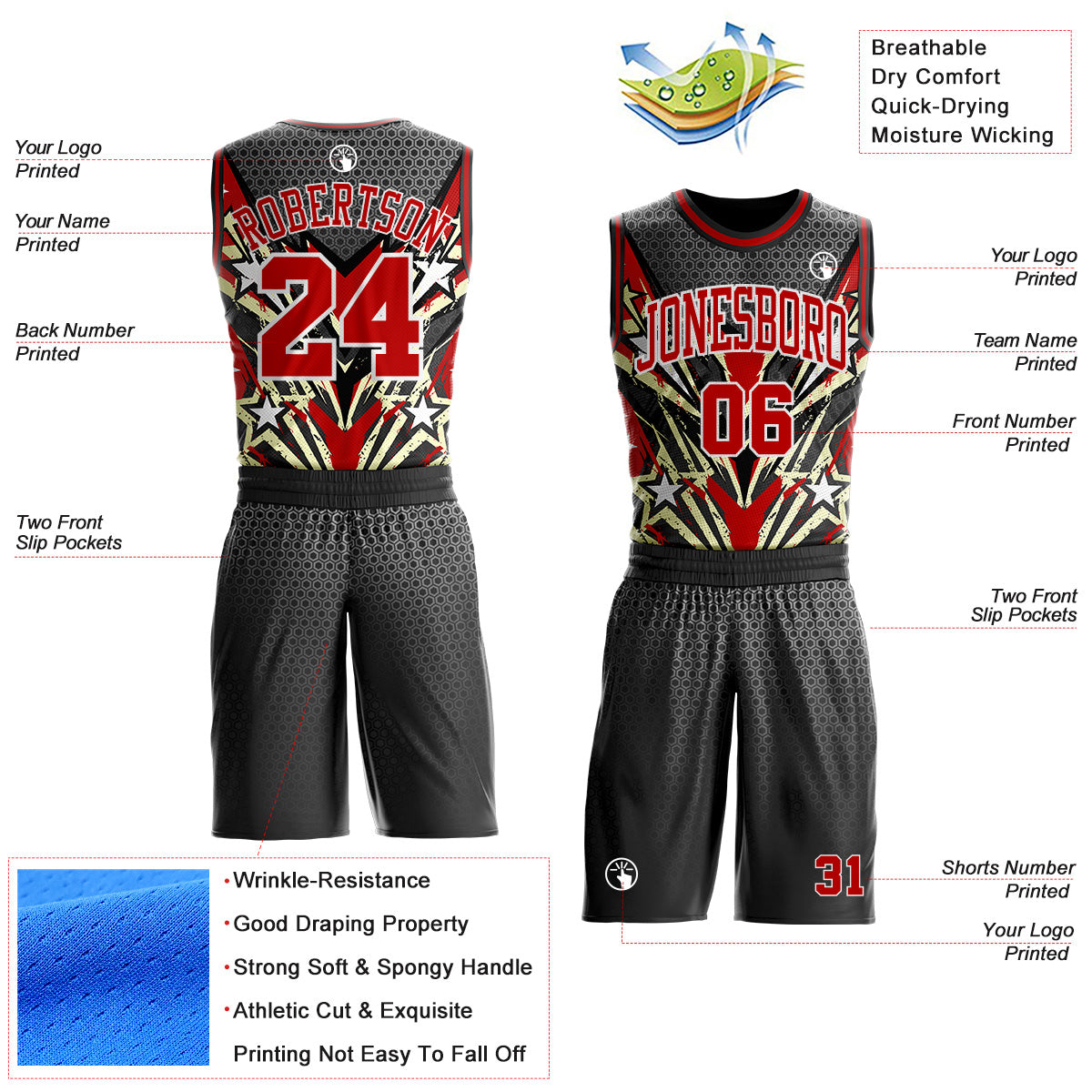 Custom Black Red Yellow-White Geometric Hexagon Starburst Round Neck Sublimation Basketball Uniform Jersey view 2