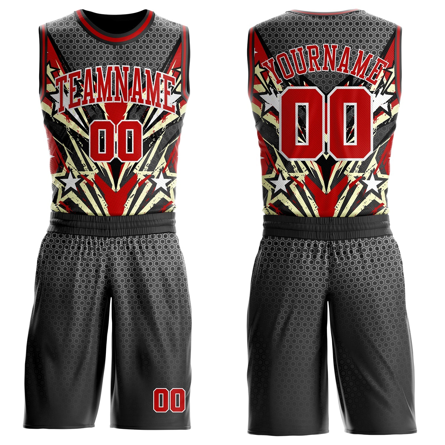 Custom Black Red Yellow-White Geometric Hexagon Starburst Round Neck Sublimation Basketball Uniform Jersey - Main View