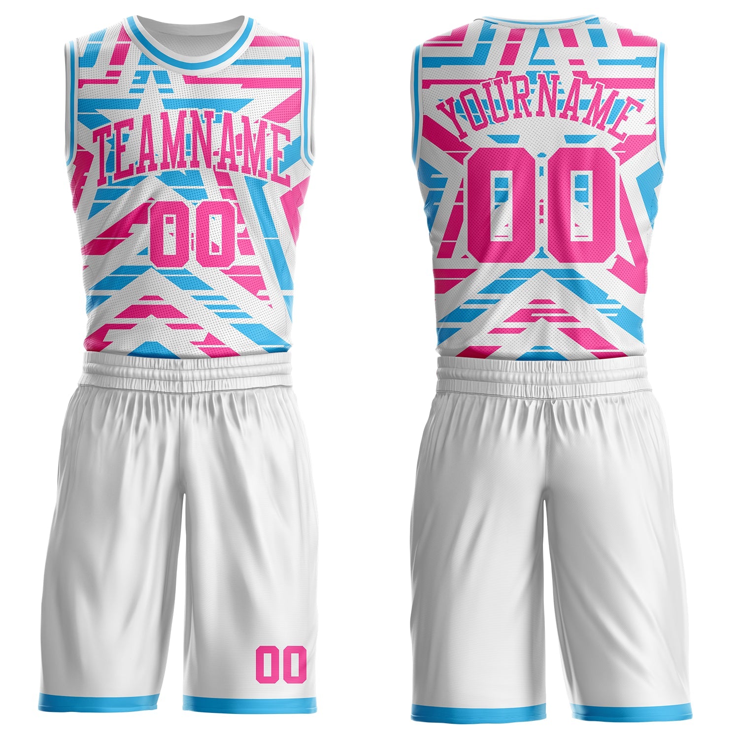 Custom White Pink-Sky Blue Geometric Stripe Star Color Block Round Neck Sublimation Basketball Uniform Jersey - Main View