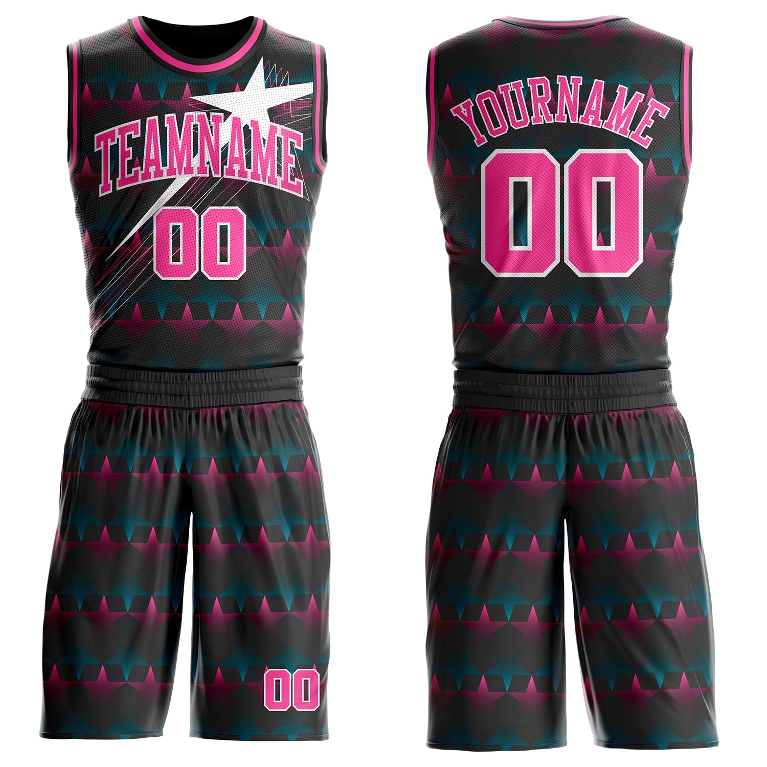 Custom Black Pink-White Gradient Star Round Neck Sublimation Basketball Uniform Jersey - Main View