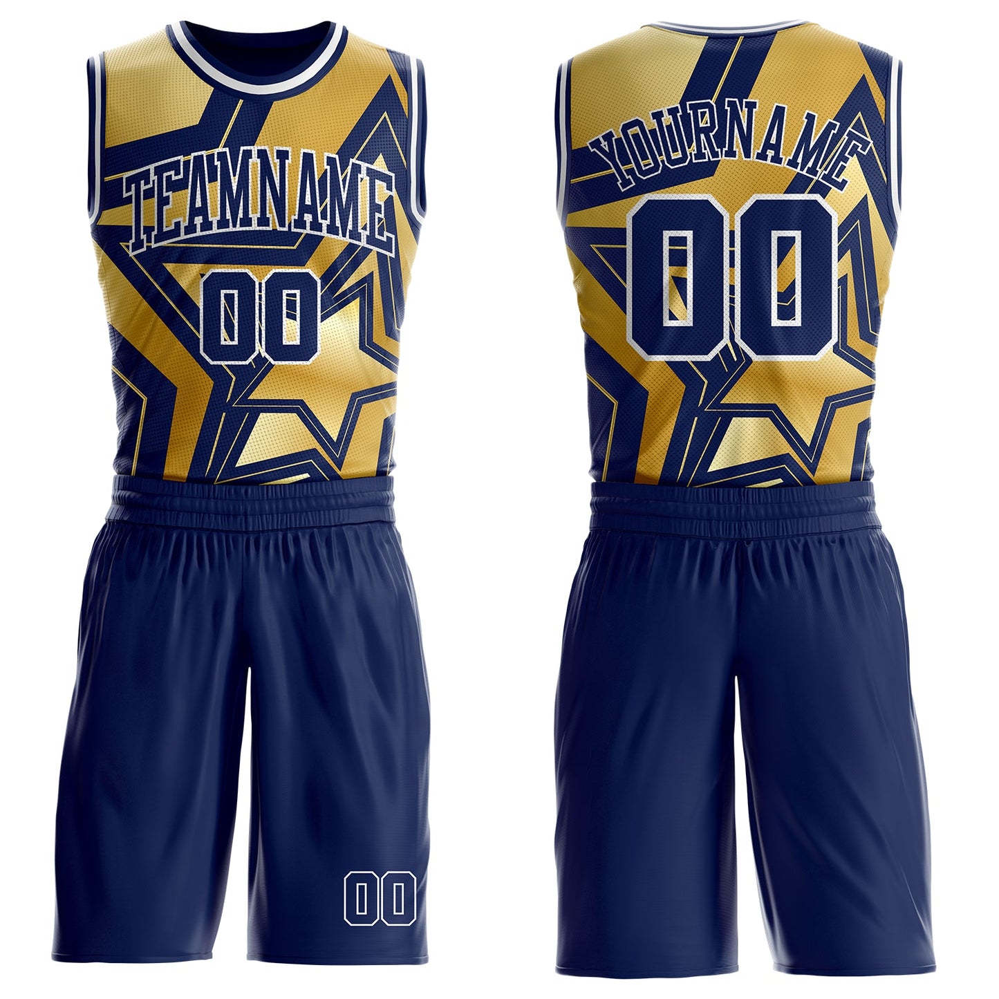 Custom Navy Old Gold-White Geometric Star Texture Round Neck Sublimation Basketball Uniform Jersey - Main View