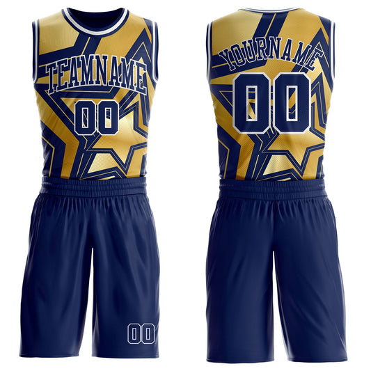Custom Navy Old Gold-White Geometric Star Texture Round Neck Sublimation Basketball Uniform Jersey - Main View