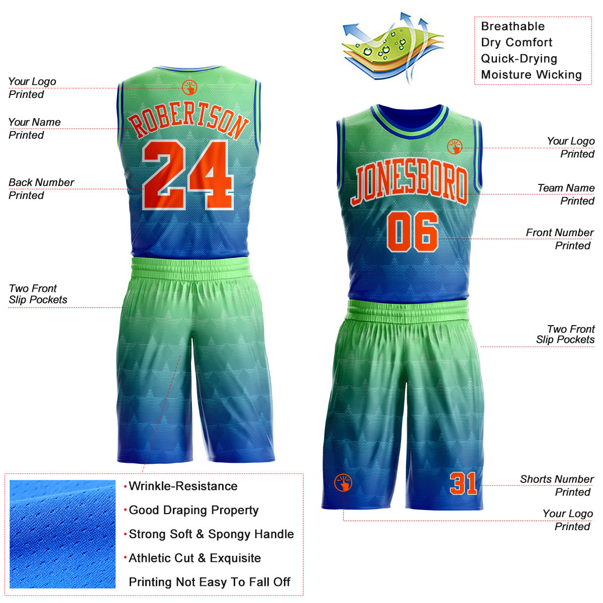 Custom Pea Green Orange Thunder Blue-White Star Dot Gradient Round Neck Sublimation Basketball Uniform Jersey view 2