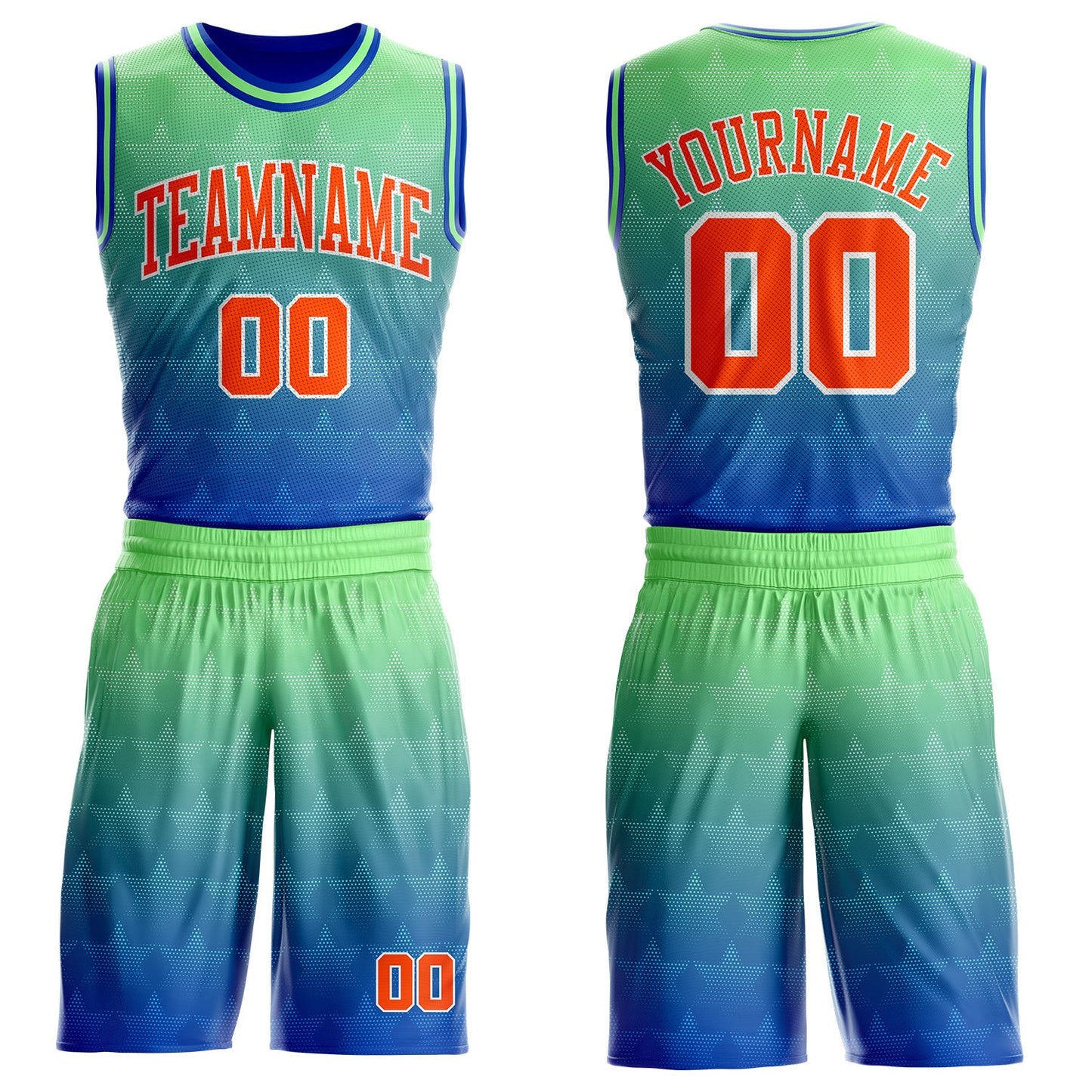 Custom Pea Green Orange Thunder Blue-White Star Dot Gradient Round Neck Sublimation Basketball Uniform Jersey - Main View