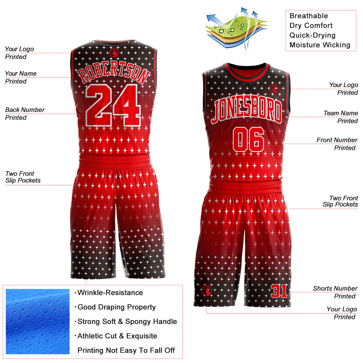 Custom Black Fire Red-White Star Gradient Round Neck Sublimation Basketball Uniform Jersey view 2