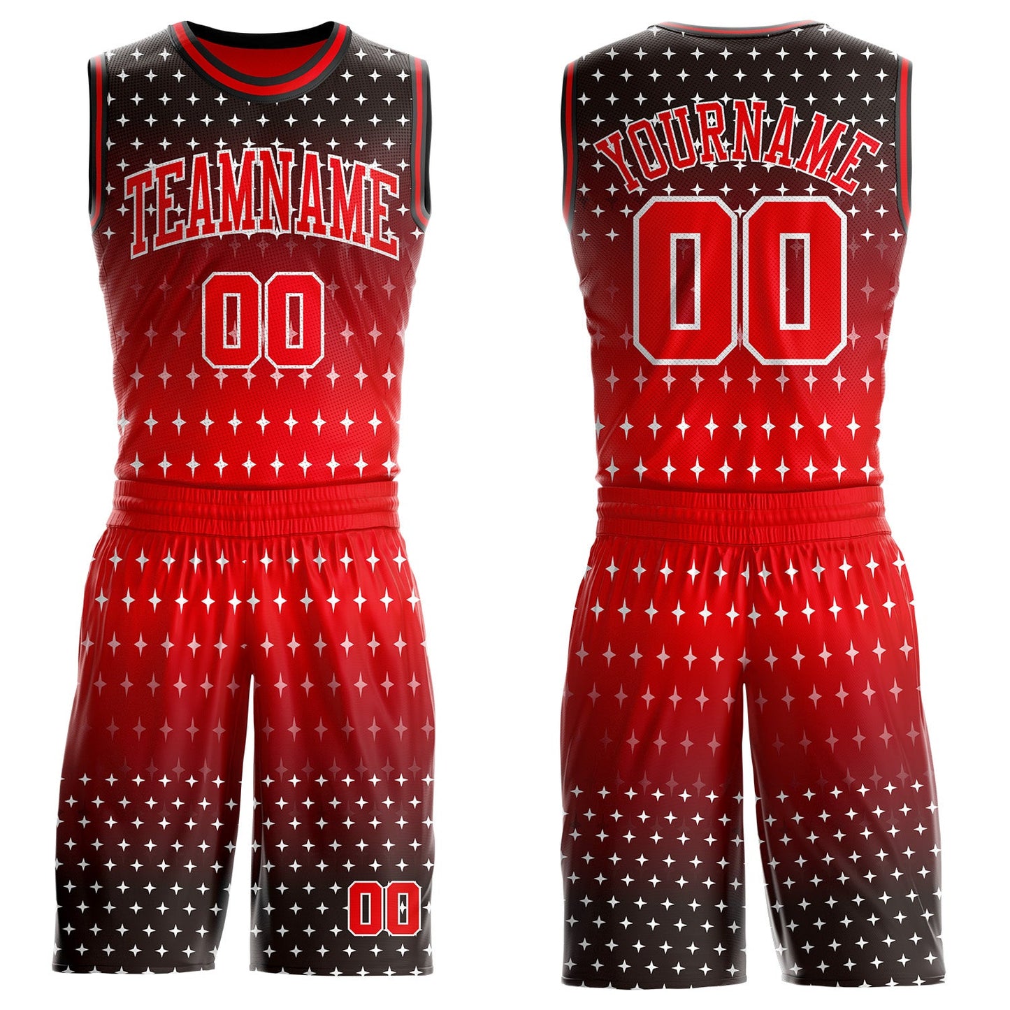 Custom Black Fire Red-White Star Gradient Round Neck Sublimation Basketball Uniform Jersey - Main View
