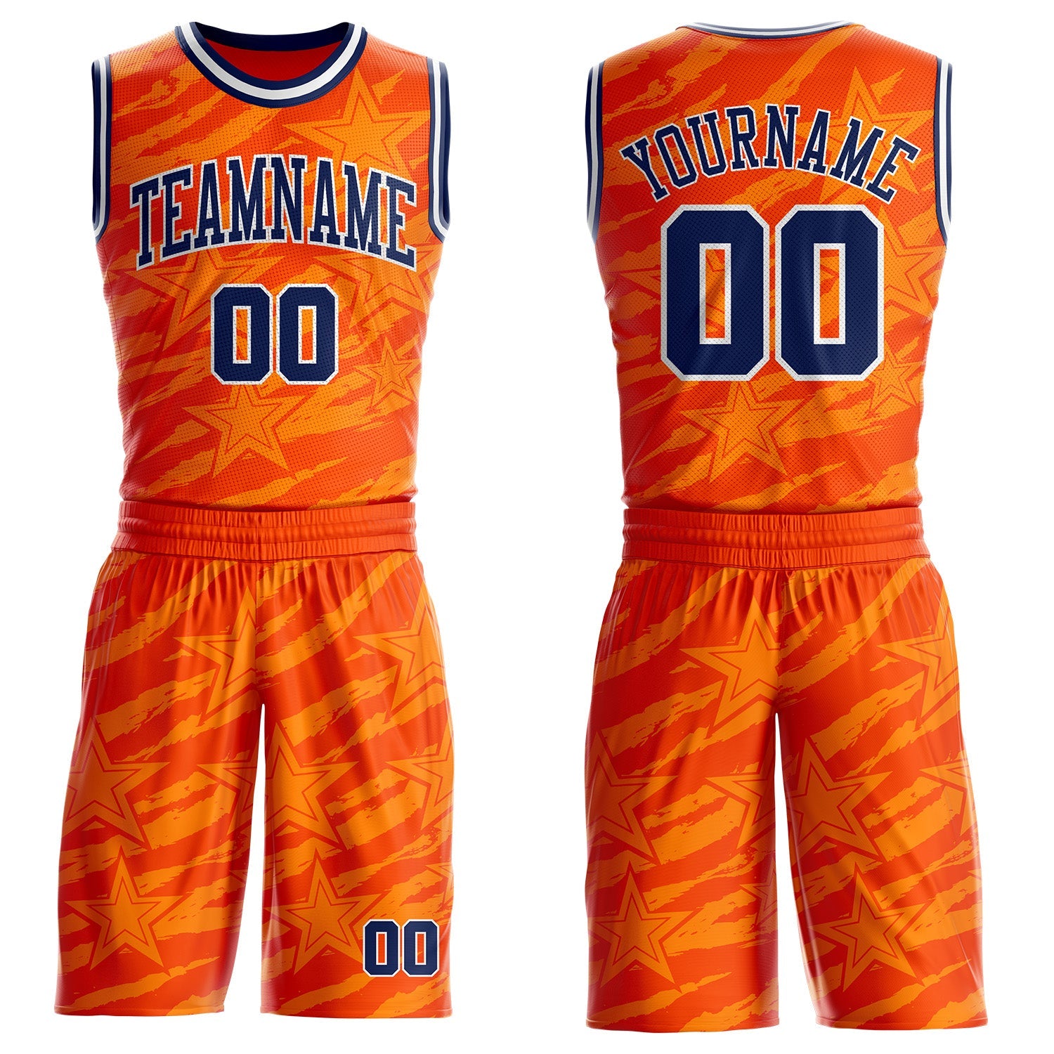 Custom Orange Navy-White Stripe Star Brush Stroke Round Neck Sublimation Basketball Uniform Jersey - Main View