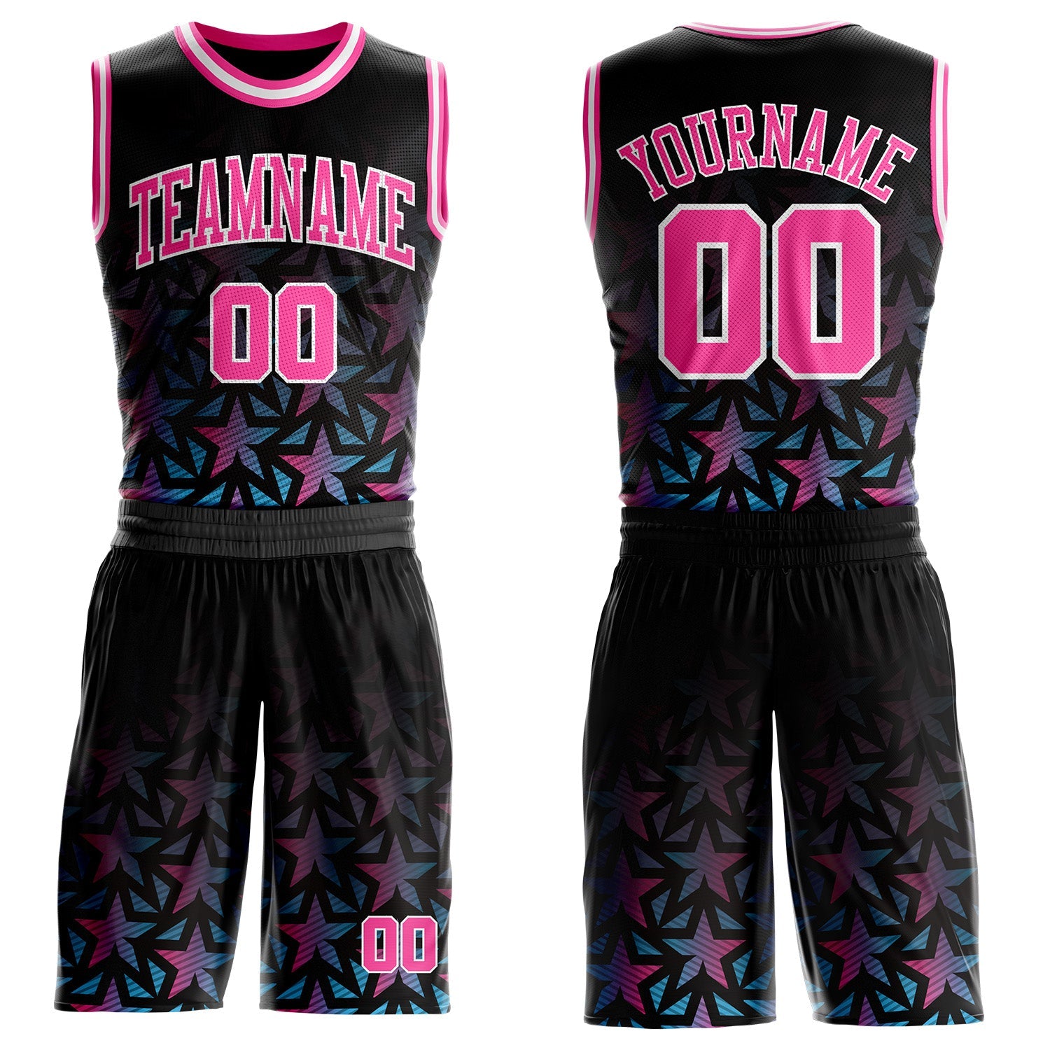Custom Black Pink-White Gradient Star Round Neck Sublimation Basketball Uniform Jersey - Main View