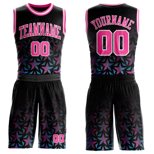 Custom Black Pink-White Gradient Star Round Neck Sublimation Basketball Uniform Jersey - Main View