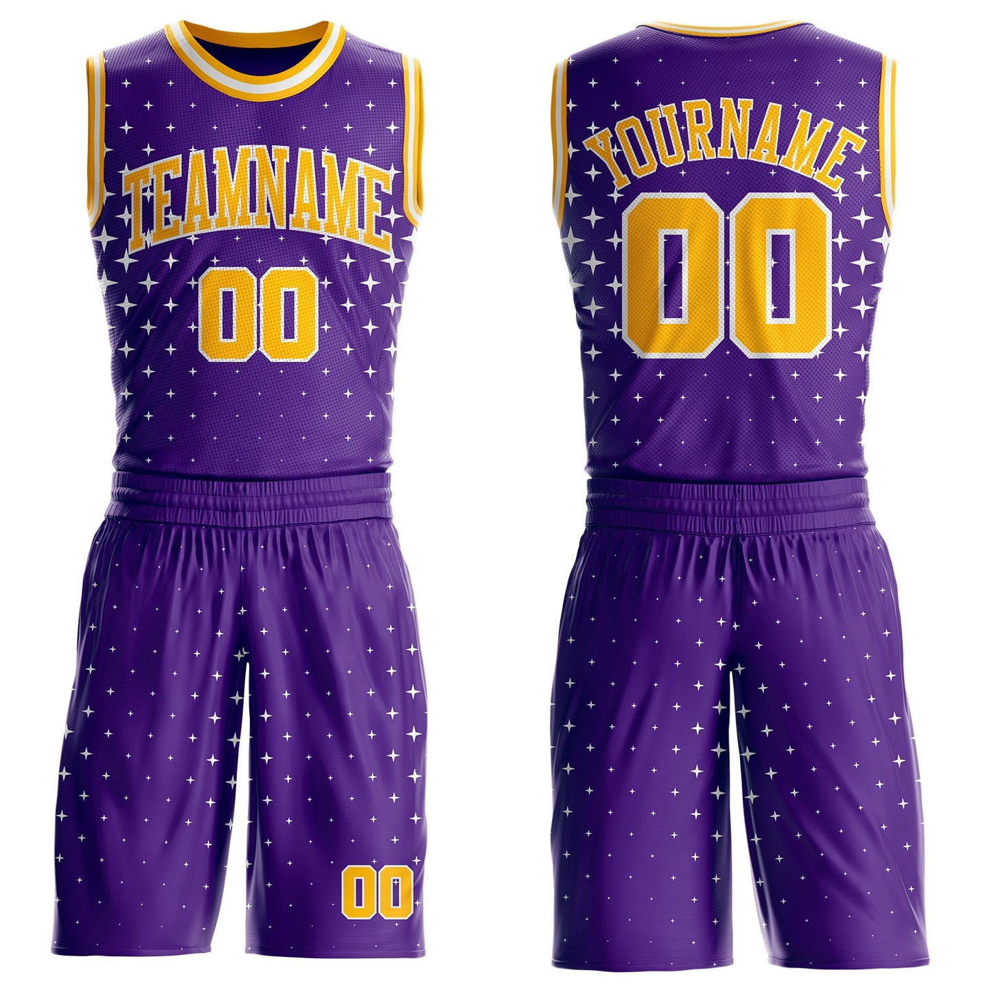 Custom Purple Gold-White Star Starry Speckle Texture Round Neck Sublimation Basketball Uniform Jersey - Main View