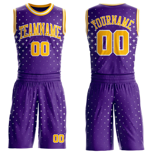 Custom Purple Gold-White Star Starry Speckle Texture Round Neck Sublimation Basketball Uniform Jersey - Main View